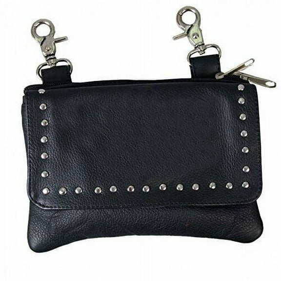 Black Ladies Clip Pouch Purse with Studs, Adjustable Strap, Heavy Duty Lobster Claw Clips, 7.75x5x1