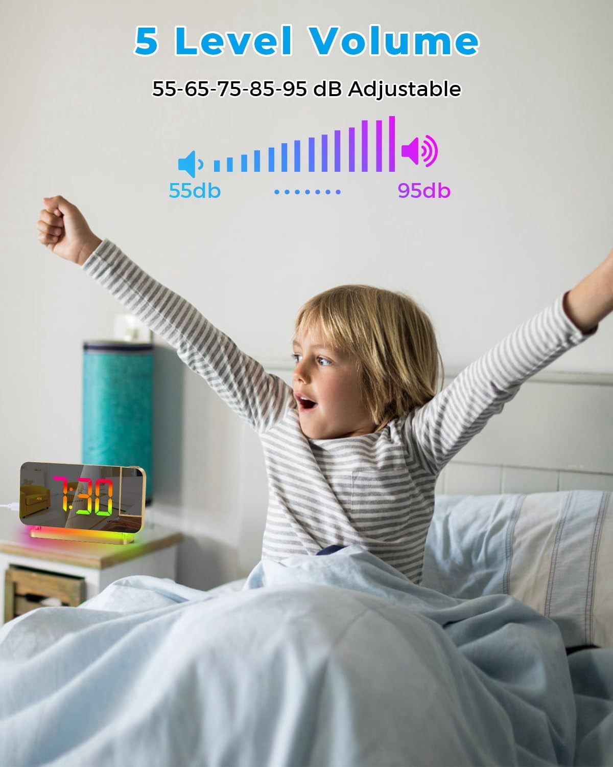 Wiher Projection Alarm Clock,7.4 in LED Mirror Digital Clocks Projection on Ceiling Wall,with RGB Night Light,USB C Charging Port,Auto Dimming,Modern Desk Clock for Bedroom Decor - Gold
