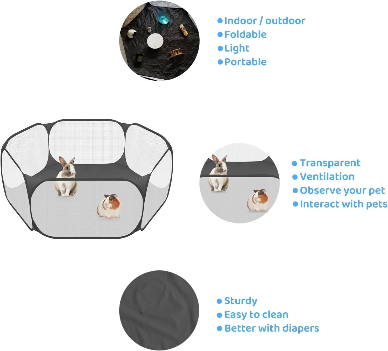 Small Animal Playpen, Pop-Up Portable Play Yard for Guinea Pigs, Rabbits, Hamsters, Hedgehogs, Foldable Exercise Fence with Breathable Mesh for Indoor Outdoor Use