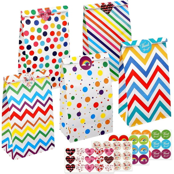 JUMRHFAN Pack of 20 Paper Bags, 5 Style Gift Bags Children's Birthday Party with 48 Stickers, 24 x 13 x 8 cm Brown Bags Paper for Children's Birthdays, Weddings, Celebrations