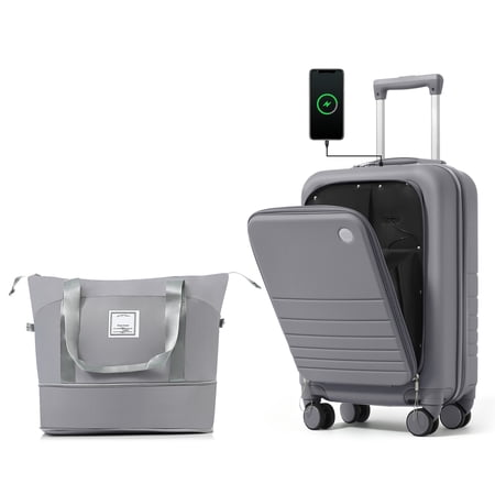 Euroco 2 Piece Luggage Sets Front-Opening, 20" Carry On Luggage with Cup Holder, USB Charging Ports,TSA Lock & Spinner Wheels,ABS Hardshell Lightweight Suitcase Set for Travel,Grey