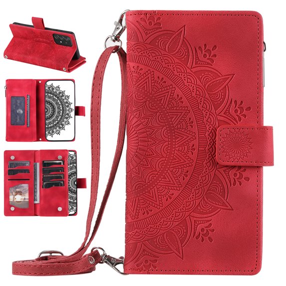 Nalacover for Samsung Galaxy A53 5G Embossed Floral Pattern PU Leather Crossbody Case with Shoulder Strap,Shockproof Magnetic Flip Kickstand Credit Card Slots Zipper Pocket Wallet Phone Case,Red