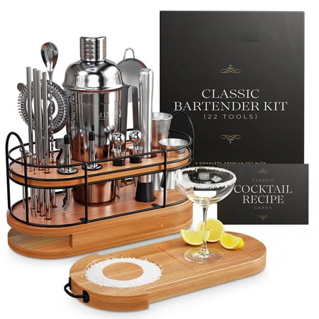 Mixology Bartender Kit - 22pcs Bar Set Cocktail Shaker W Brown Cart Accessories Stand Shakers Bartending Tools 24oz 17 Recipe Cards Martini Barware