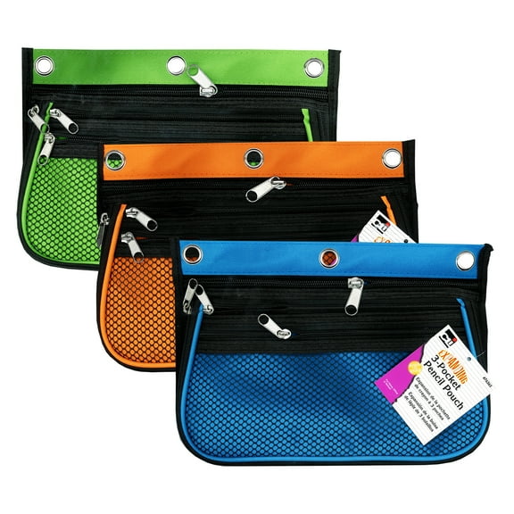 Charles Leonard 3 Pocket Pencil Pouch, Expanding to 2.25", 10.25"W x 7.25"H x 2.5"D - Assorted Colors, Pack of 3