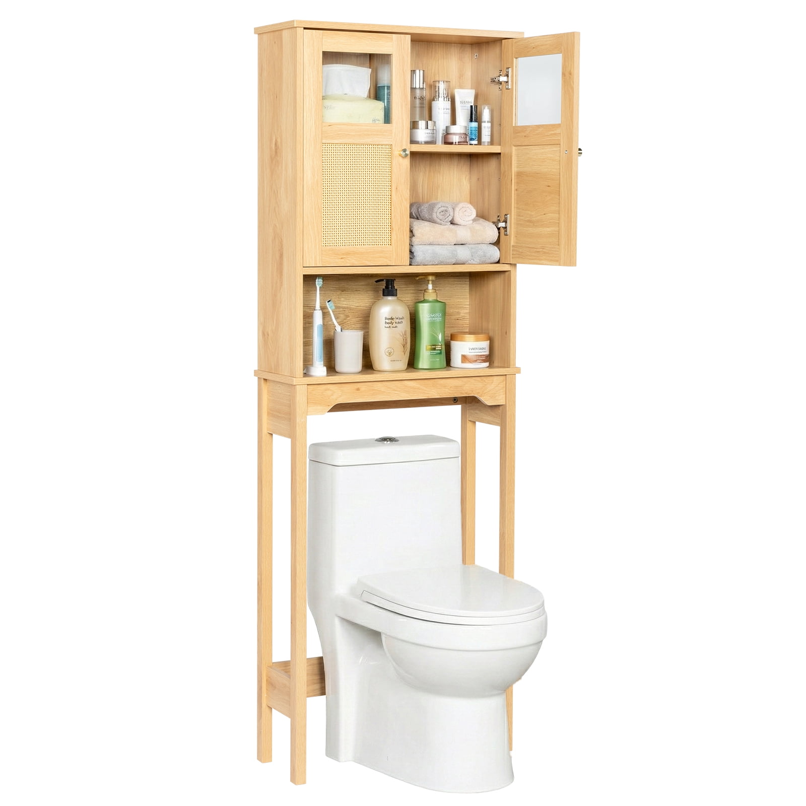Ktaxon Over the Toilet Bathroom Storage Cabinet  with 2 Doors & 3 Storage Shelves Space Saver, Rattan