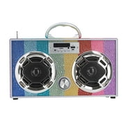 Wireless Express - Mini Boombox with LED Speakers Retro Bluetooth Speaker w/Enhanced FM Radio - Perfect for Home and Outdoor (Rainbow Bling)