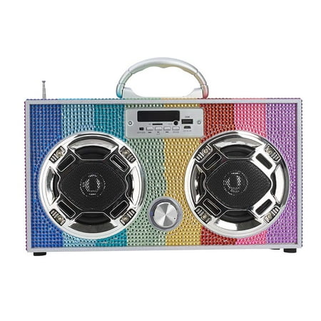 Wireless Express - Mini Boombox with LED Speakers Retro Bluetooth Speaker w/Enhanced FM Radio - Perfect for Home and Outdoor (Rainbow Bling)