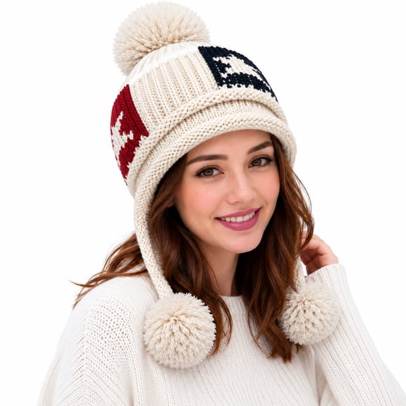 Roll Up Women's Girls Cute Winter Cozy Earflap Knitted Pom Pom Ski Cap Hat Beanies (Off White)