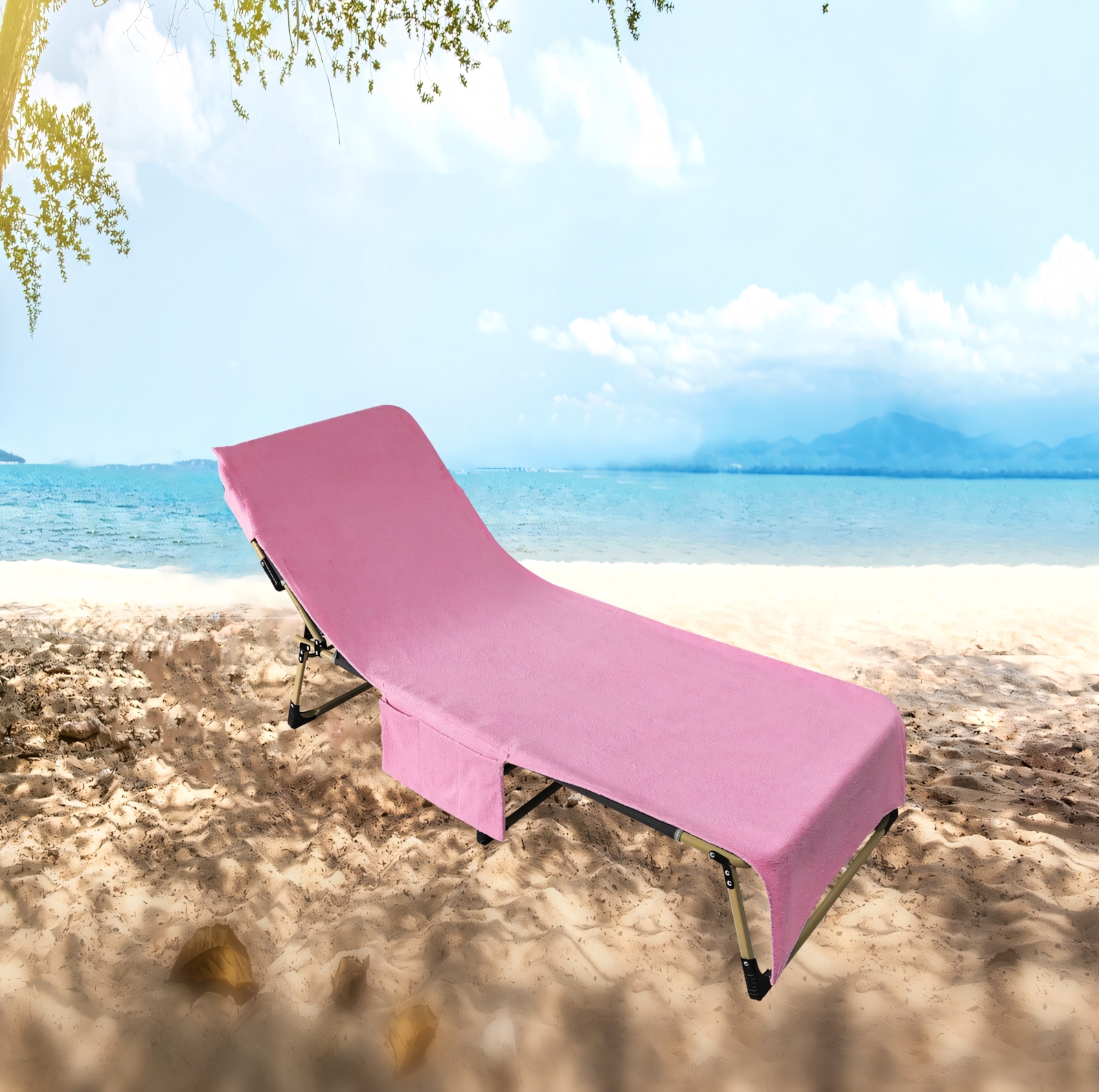 Muka Cotton Beach Pool Lounge Chair Cover Terry Bath Towel with Side Pockets, 29" x 85"-Pink