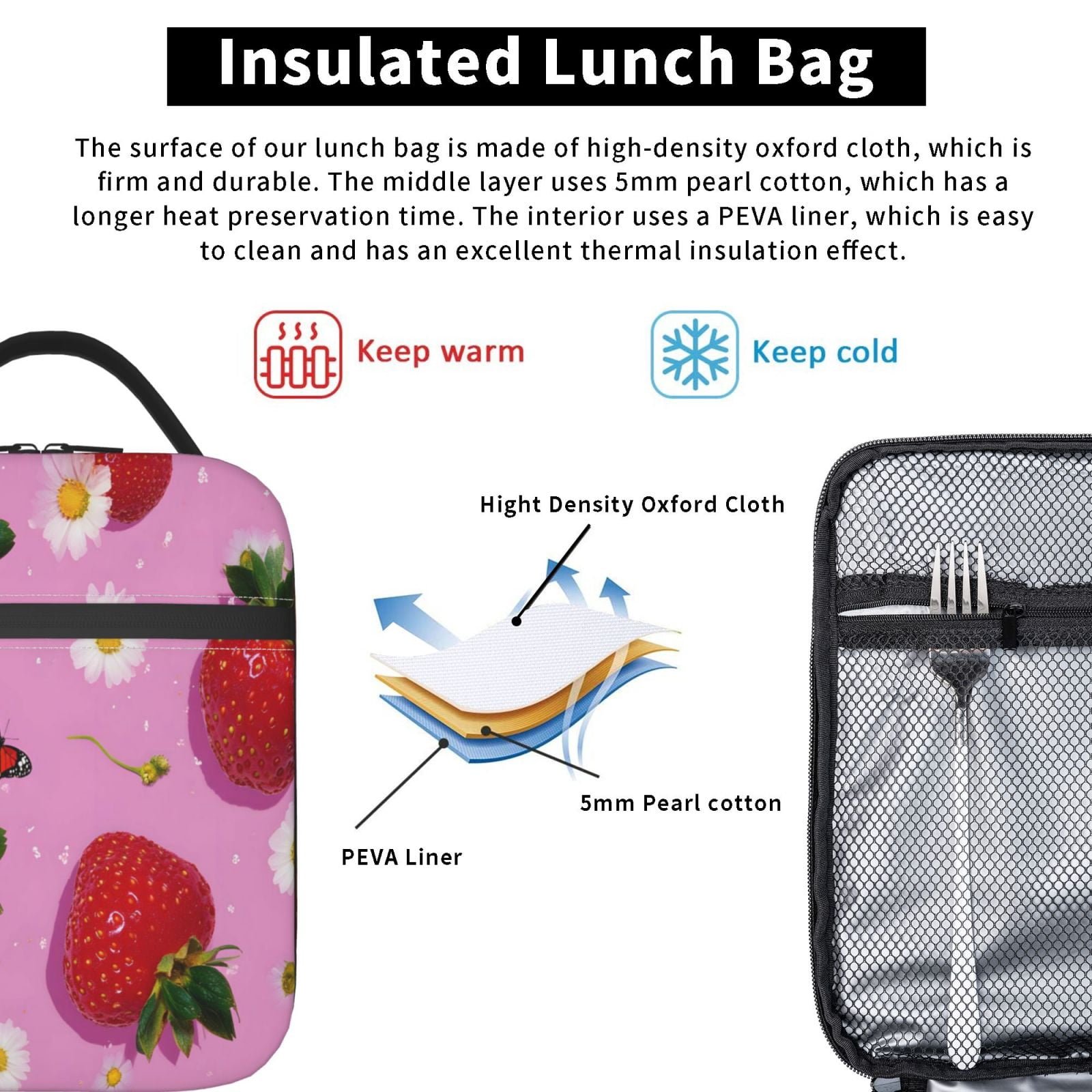 Lunch Bag For Women Men Insulated Portable Lunch Box Bento Box Office Picnic Travel Cooler Bag Fresh Strawberrie