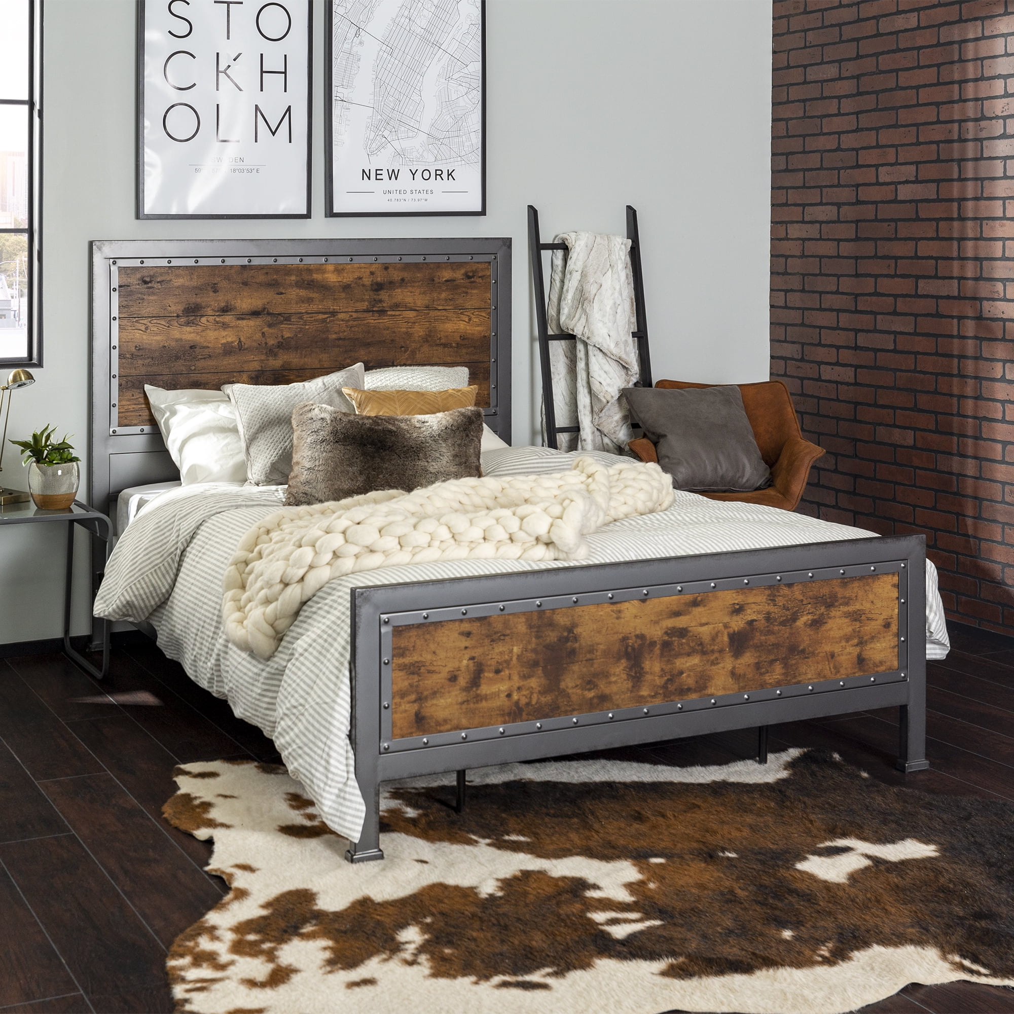 Walker Edison 55” Rustic Mixed Material Hacienda Queen Size Bed, Brown and Gunmetal