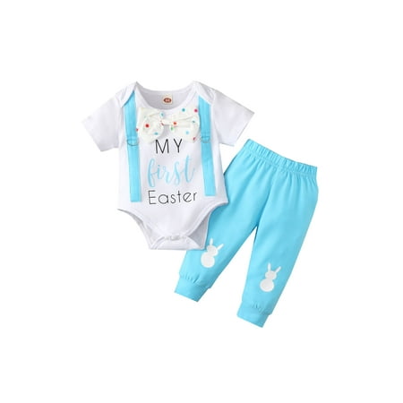 

EYIIYE Baby Boys Gilrs Easter Summer Outfit Letter Print Short Sleeve Round Neck Buttons Romper + Print Long Pants Set 0-18 Months