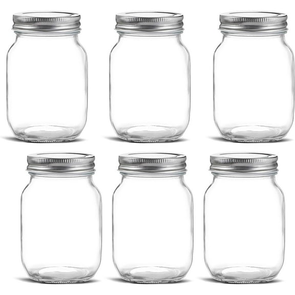 Glass Regular Mouth Mason Jars, 16 oz Clear Glass Jars with Silver Metal Lids 6 PACK)