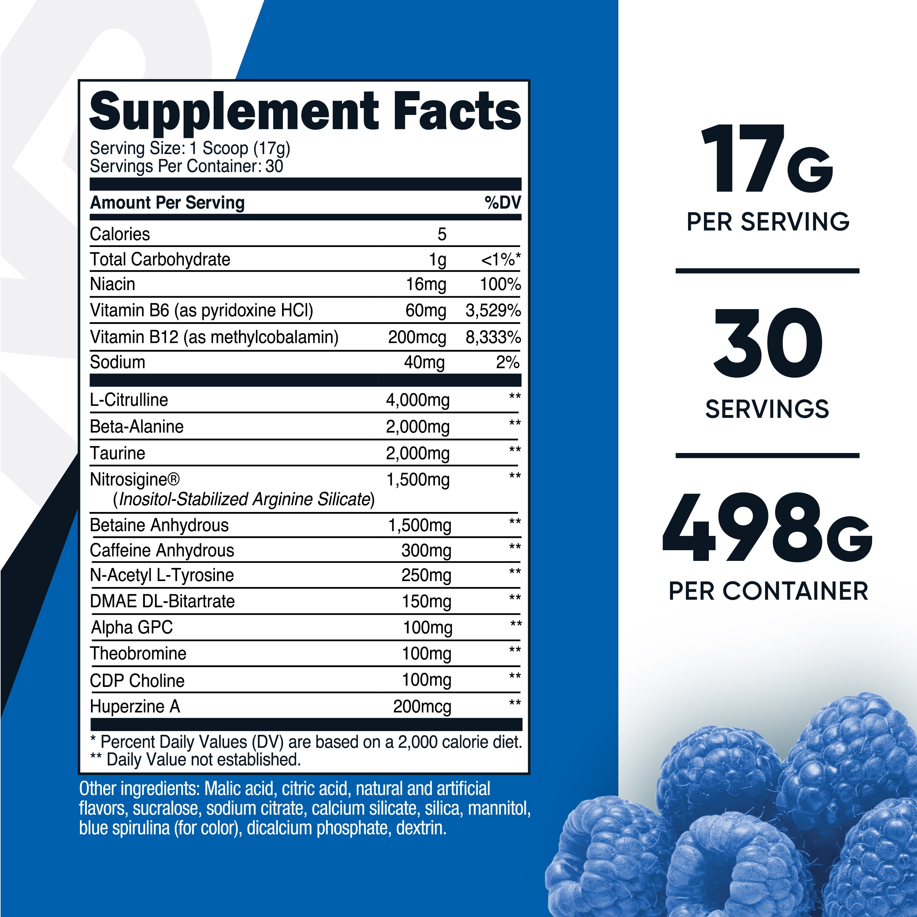 Nutricost Pre-X Xtreme Pre-Workout Complex Powder Blue Raspberry (30 Serv) - Non-GMO Supplement