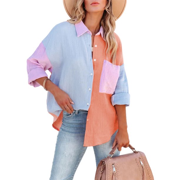 Txlixc Blusa de mujer Contraste Color Costura Manga larga Solapa Cierre de botón Suelta Versátil Camisa casual Tops Txlixc Moda