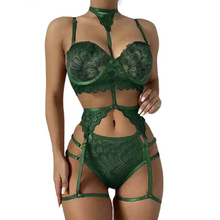 

Niuer Ladies Bodysuit With Garter Belt Lingerie Set Halter Neck Sexy Teddy Babydoll 3 Pieces Women Transparent Lace Mash See Through Green XL