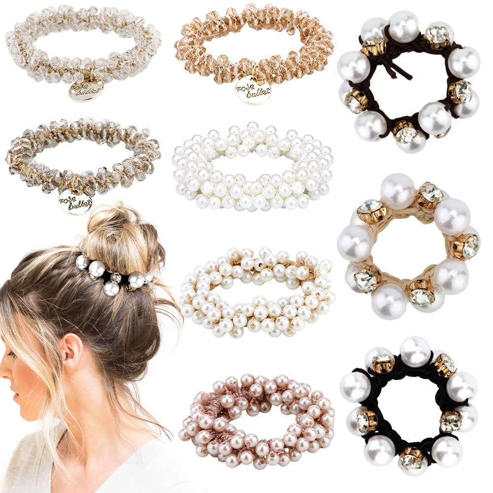 9Pcs Pearl Hair Ties, Crystal Beads Bulk Hair Ropes Stretchy Handmade  Hair Accessories for Women Girls, Multi-color Pearl