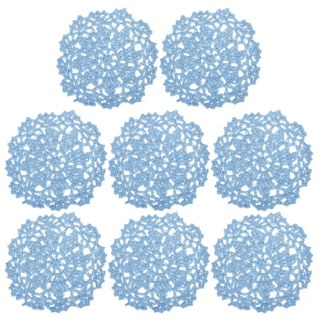Posavasos de tela, paquete de 8, doilies de ganchillo de algodón de 4", tapete de taza con bordado de encaje y patrón floral (azul claro)