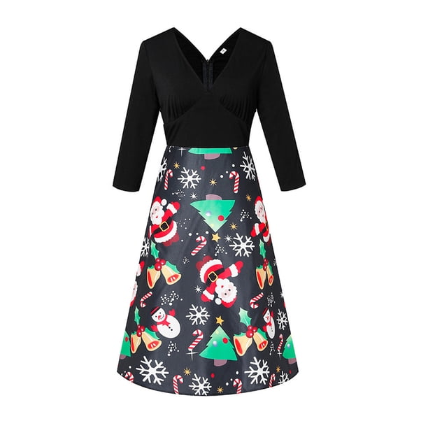 Vestido de verano para mujer, de manga larga, con cuello en V, estilo vintage, con estampado de empalme de Navidad, para fiestas Fridja nbo3415