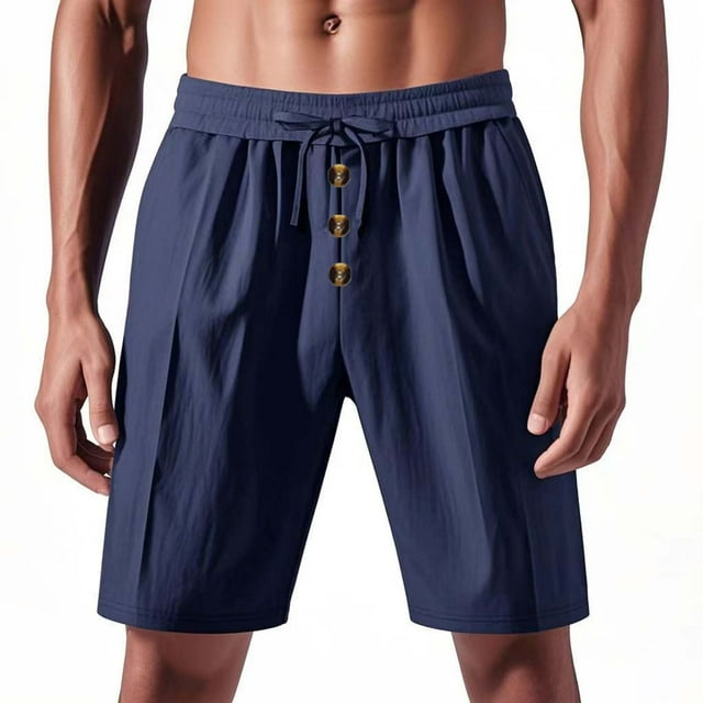 hotojiny Linen Shorts for Men Elastic Waist Drawstring Button Beach Shorts Solid Color Lightweight Bermuda Shorts with Pockets