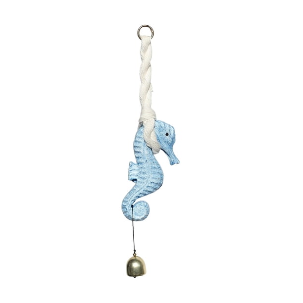 Campana colgante de madera con forma de caballito de mar, campanilla decorativa para abrir la puerta. Azul