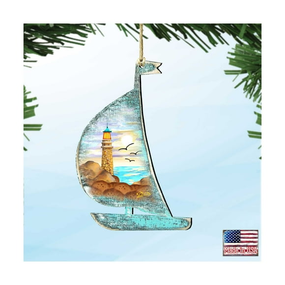 Lighthouse Scenic Boat Scenic Wooden Christmas Ornament Coastal Decor Set of 2 Art by G.DeBrekht 8198524 - Designocracy