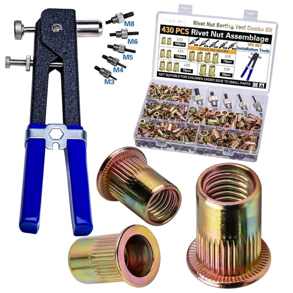 Manual Rivet Nut Tool Kit: 430-Piece Metric Rivet Nut Assortment (M8/M6/M5/M4/M3) for Furniture, Decoration, Automotive, Marine & Industrial Applications.