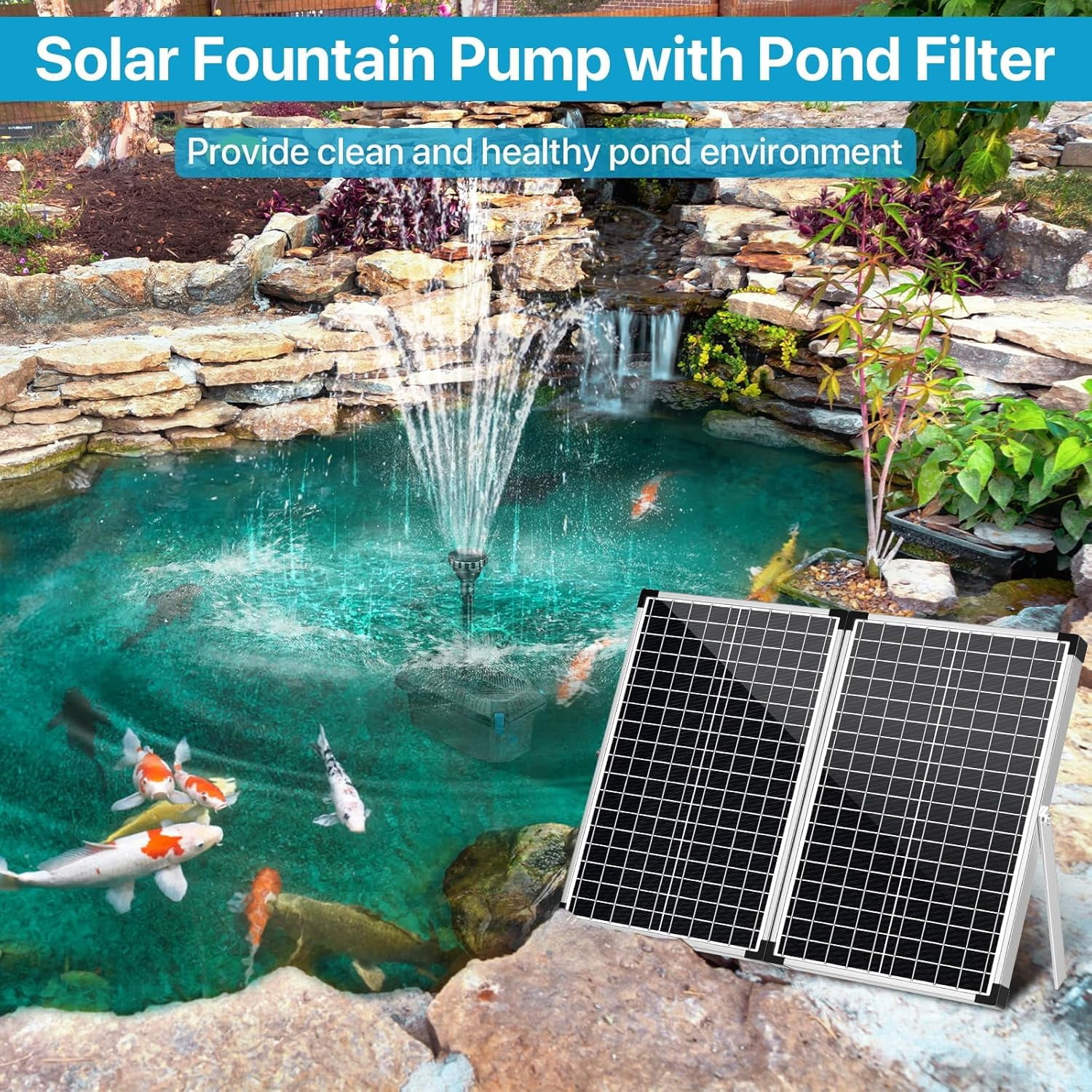 POPOSOAP 70W Solar Pond Filter with 680GPH Fountain Pump, Powerful Solar Powered Filter Kit with Bio-Media for Outdoor Koi Ponds and Waterfalls