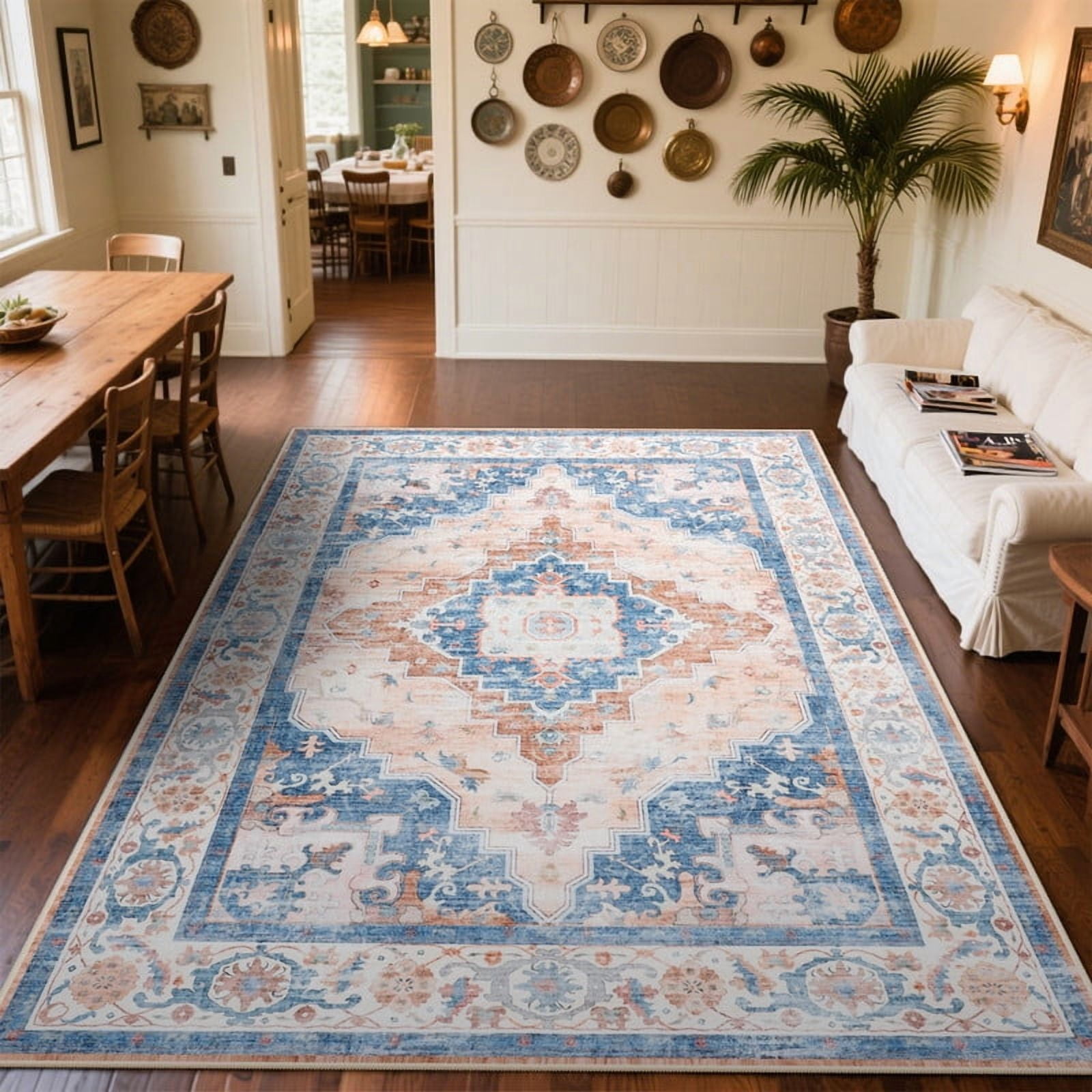 FULIE Bohemian Area Rug 6'x9'Rug Machine Washable for Living Room/Dining Room/Bedroom,Blue