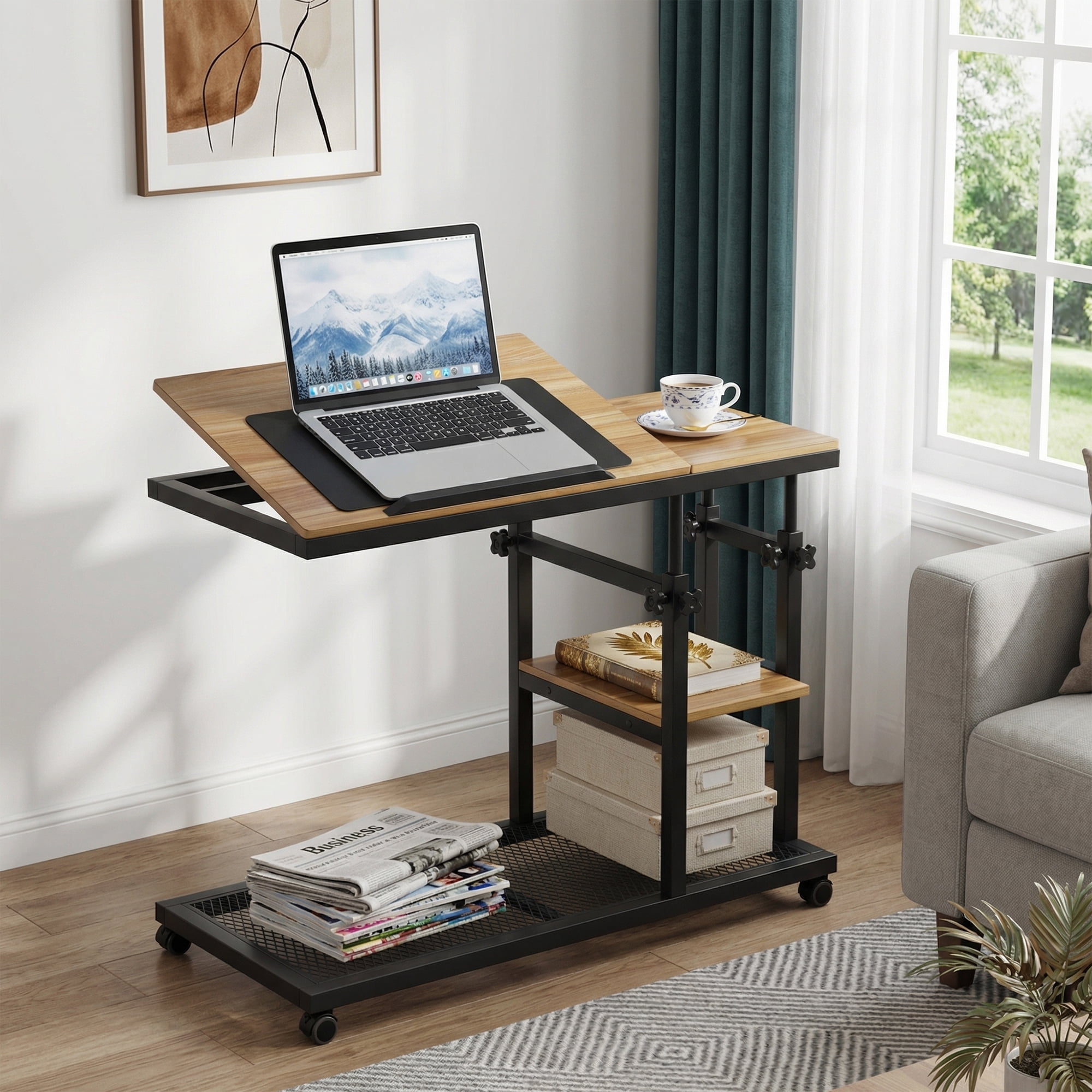 MAYEETY Height Adjustable C Table with Wheels Tiltable Top 2-Tier Sofa Snack Side Table