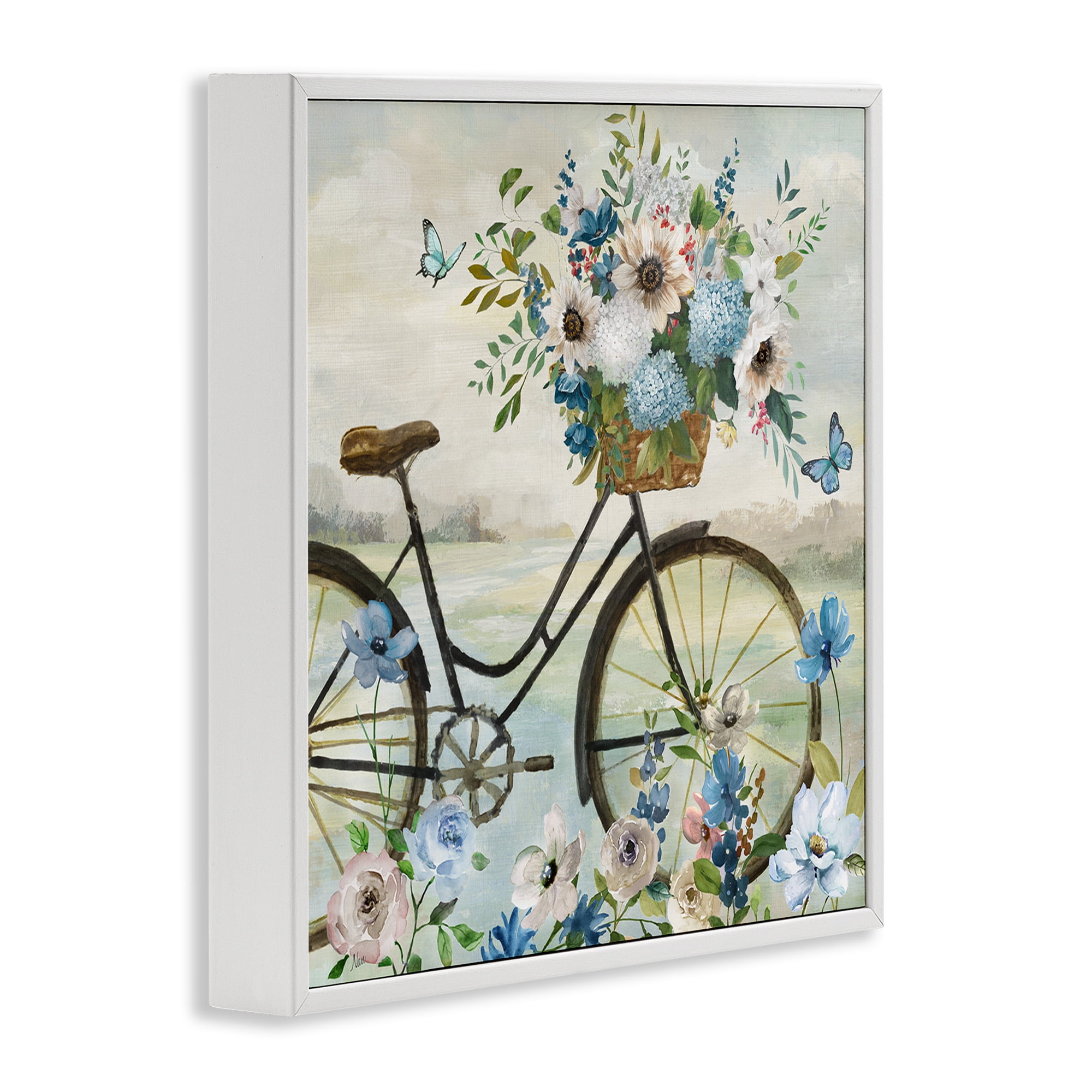 Stupell Industries Floral Bicycle & Butterflies Transportation Painting White Framed Art Print Wall Art, 17 x 17