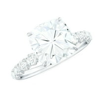 Rosec Jewels Cushion Cut Moissanite Solitaire Engagement Ring with Side Stones (8 mm, 3 ct), 925 Sterling Silver, US 4.00