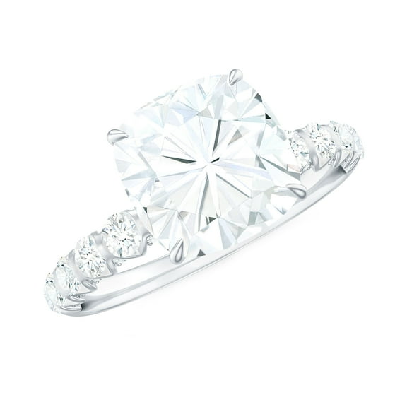 Rosec Jewels Cushion Cut Moissanite Solitaire Engagement Ring with Side Stones (8 mm, 3 ct), 925 Sterling Silver, US 4.00