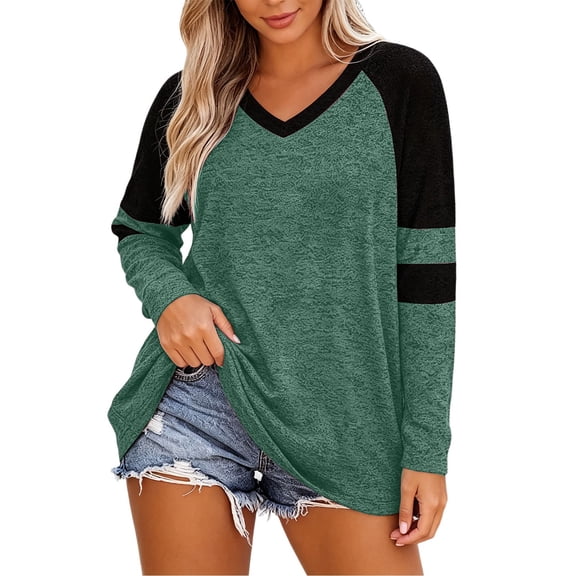 Aihuaihua Women's V Neck Striped Sleeve Loose Fit Long Sleeve Tunic (Green,XXXL)