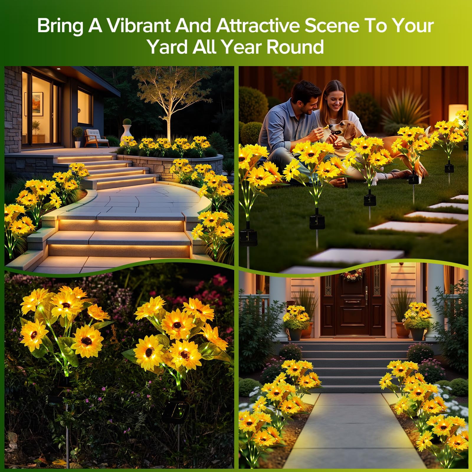 4 Pack with 24 Solar Sunflower Lights Outdoor Waterproof, Bright Solar Sunflower Lights for Lawn Yard Pathway
