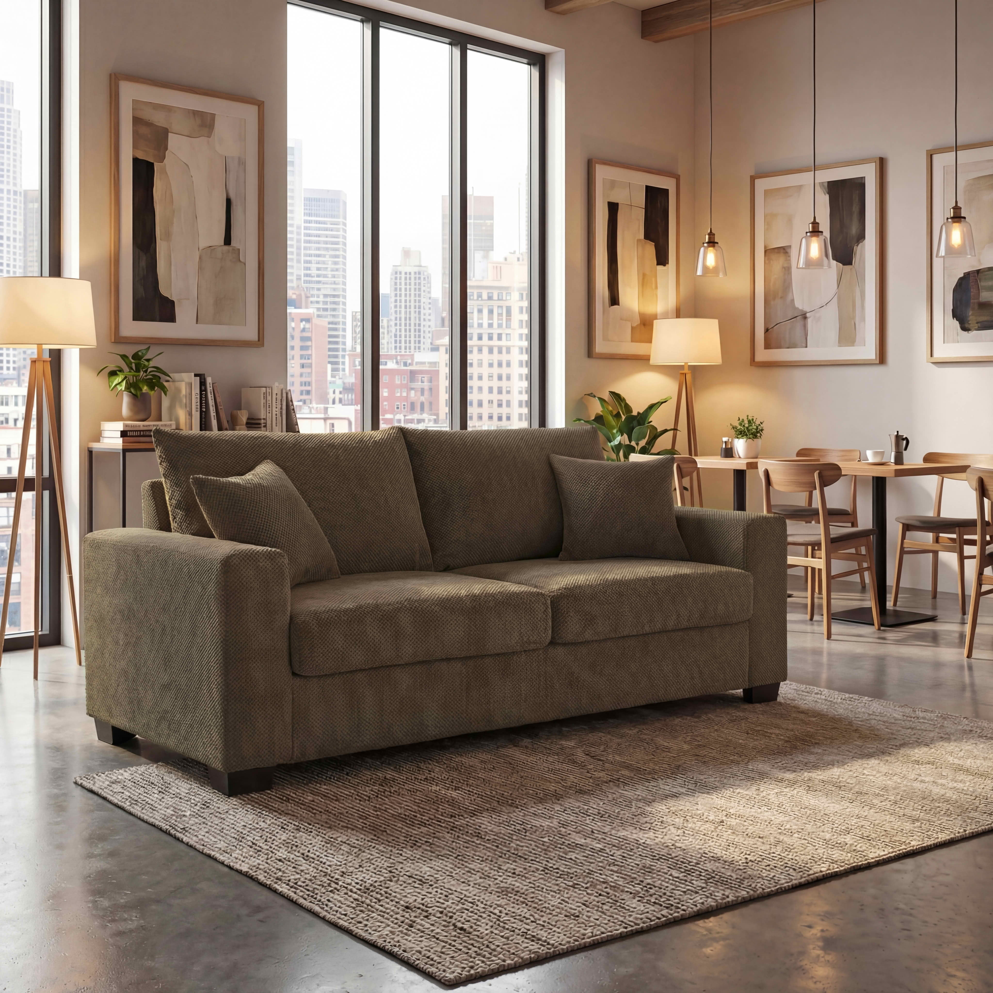 MAYEERTY 69 Inch 2‑Seater Upholstered Sofa, Textured Fabric Couch with 2 Throw Pillows and Plastic Legs for Apartment, Living Room, Home Office