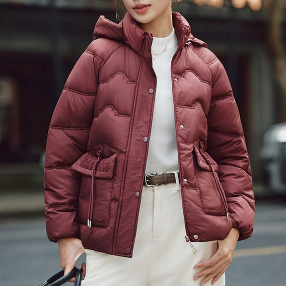 Roncen Women's Solid Color Stand Collar Zip-Up Hooded Parka - Detachable Hood Winter Coat with Dual Pockets, Long Sleeve Warm Outerwear for Cold Weather