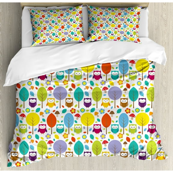 Cartoon Duvet Cover Set, Colorful Forest with Owls Trees Leafs Mushrooms and Flowers Drawing Style, Decorative 3 Piece Bedding Set with 2 Pillow Shams, Queen Size, Multicolor, by Ambesonne