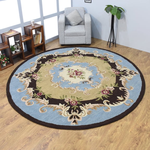 Rugsotic Carpets Hand Tufted Wool Eco-Friendly 8'x8' Area Rugs Round Beige Blue Oriental High Pile Thick Handmade Anti Skid Indoor Rug for Living Room, Bedroom K00S04
