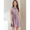 thumbnail image 2 of Unique Bargains Robe Chemise Sans Manches Col Rabattu Boutonnée Plissée Taille à Cordon Violet L, 2 of 6
