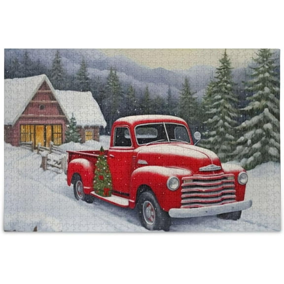 FREEAMG Red Truck Farm Christmas Puzzle 1000 Pieces - Wooden Jigsaw Puzzles for Family Games - Suitable for Teenagers and Adults