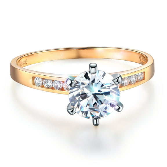 Wellingsale Ladies Solid 14k Yellow Gold Polished CZ Cubic Zirconia Round Cut Engagement Ring with Side Stones - Size 4