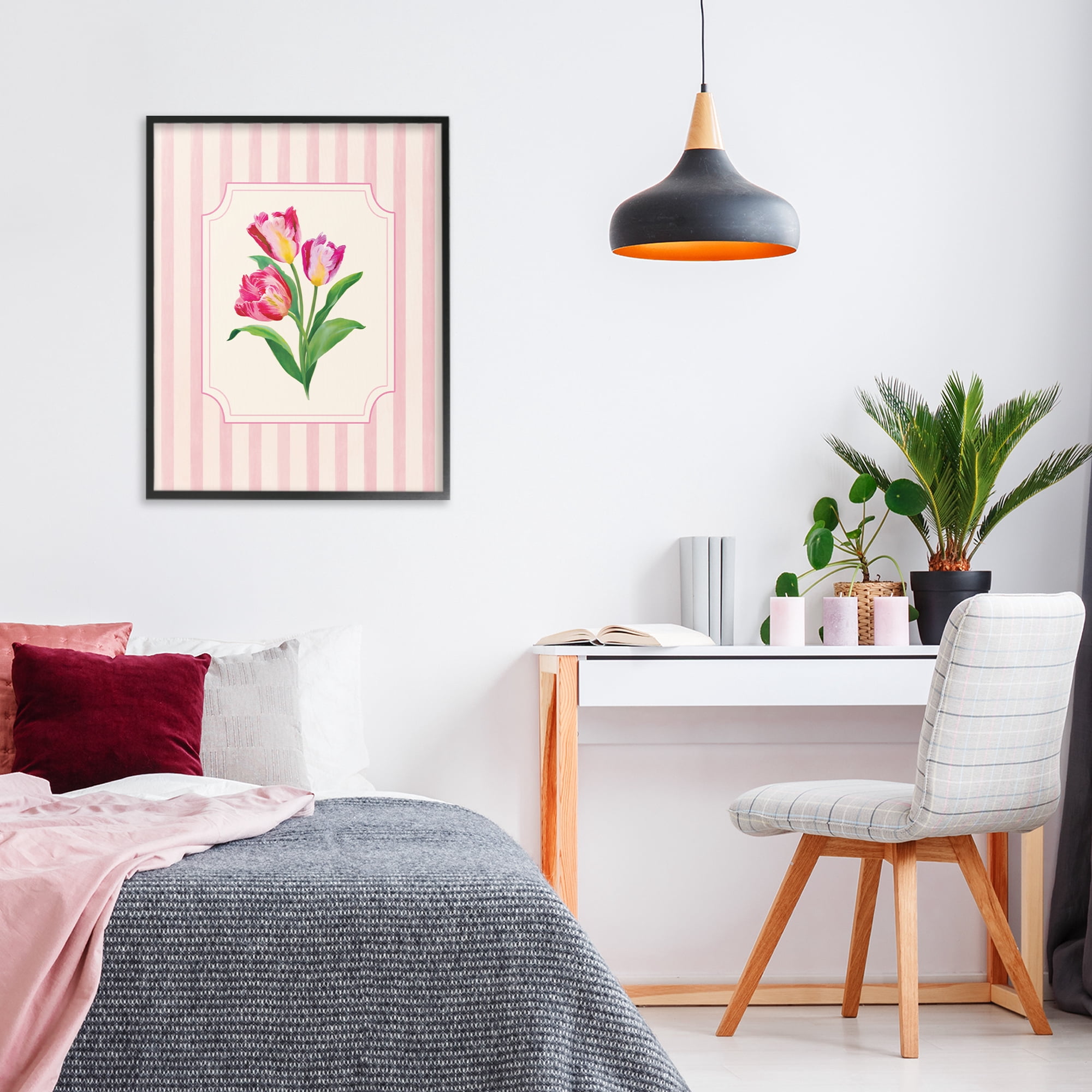 Stupell Industries Magenta Tulips over Stripes Black Framed Giclee Art, design by Diane Neukirch