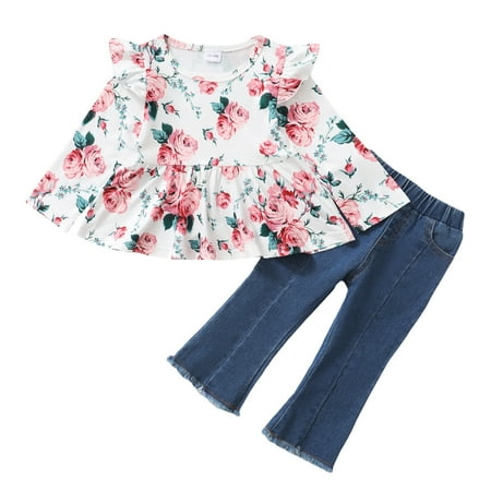

NZRVAWS Toddler Baby Girls Outfits For Fall Winter Floral Print Long Sleeve Round Neck Top Ripped Jeans Pants 2Pcs Clothes Set 2-3T
