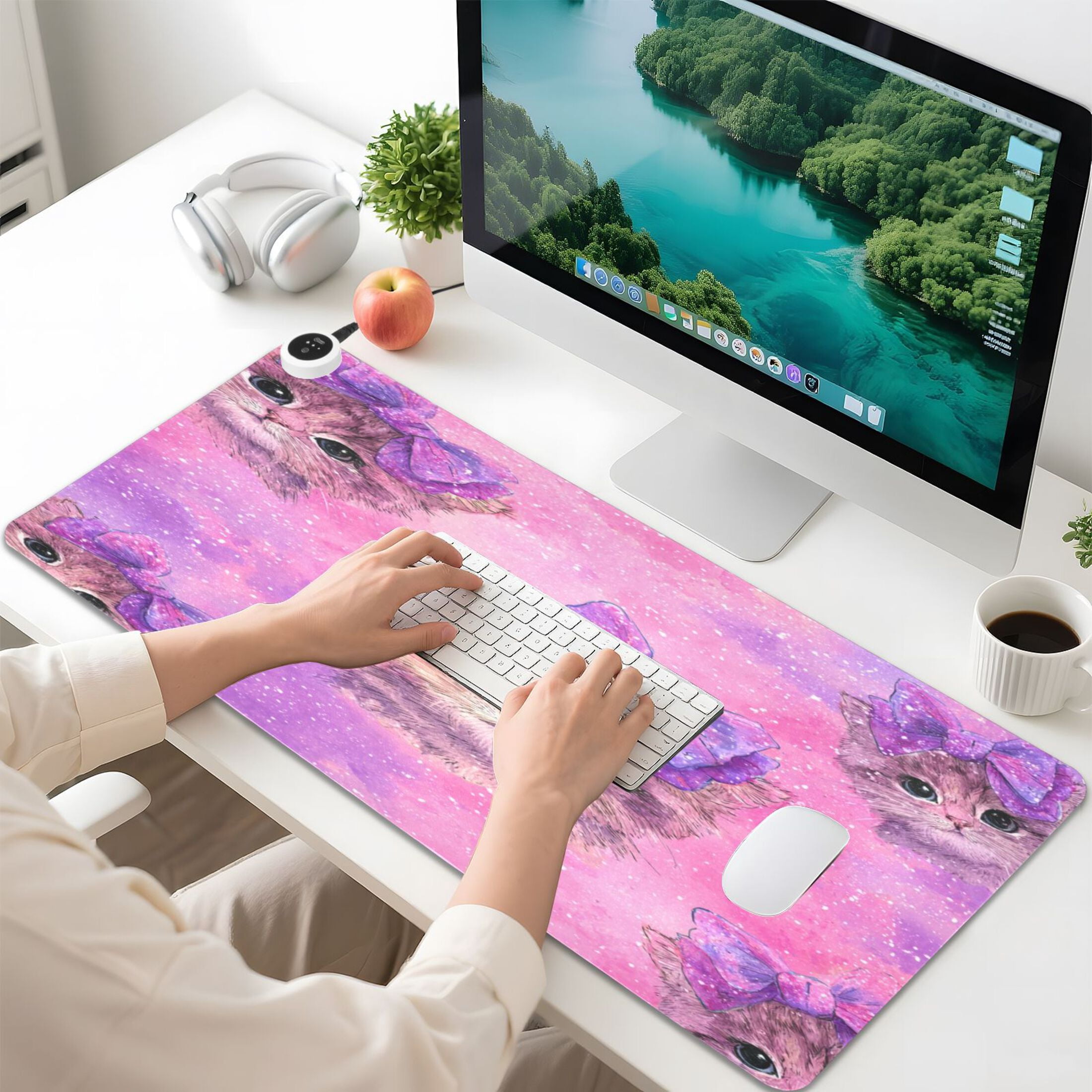 Large Heated Desk Mat Mouse Pad 31.5"x13"PU Leather Graphene Heating Desk Warmer with 3 Temperature Settings 110V US Plug Non-Slip Warm Pad for Home, Office, and Gaming Adorable Orange Cat Pattern