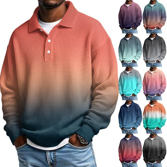 Aimik Polo Shirts for Men Long Sleeve Waffle Knit Button Down Casual Gradient Tops Fall Winter Soft Stretch Collared Shirt