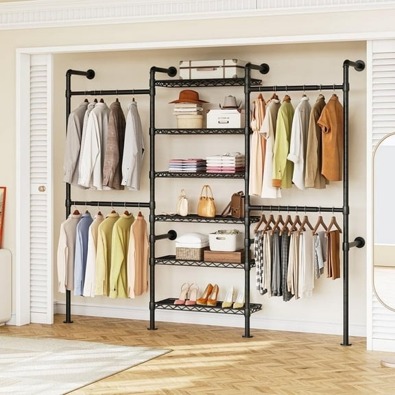 Onbrill H3 Wall Mounted Clothes Rack, Industrial Pipe Closet Organizers System with 4 Telescopic Rod & 6 Shelves