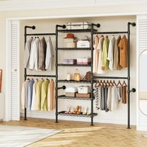 Onbrill H3 Wall Mounted Clothes Rack, Industrial Pipe Closet Organizers System with 4 Telescopic Rod & 6 Shelves