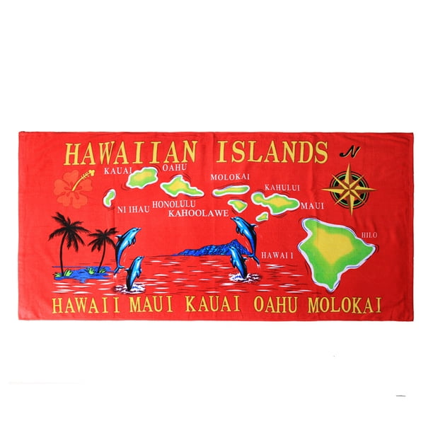 Hawaii Beach Towel 100 Cotton 60x30 Red Islands Names Map Dolphin Oahu Maui