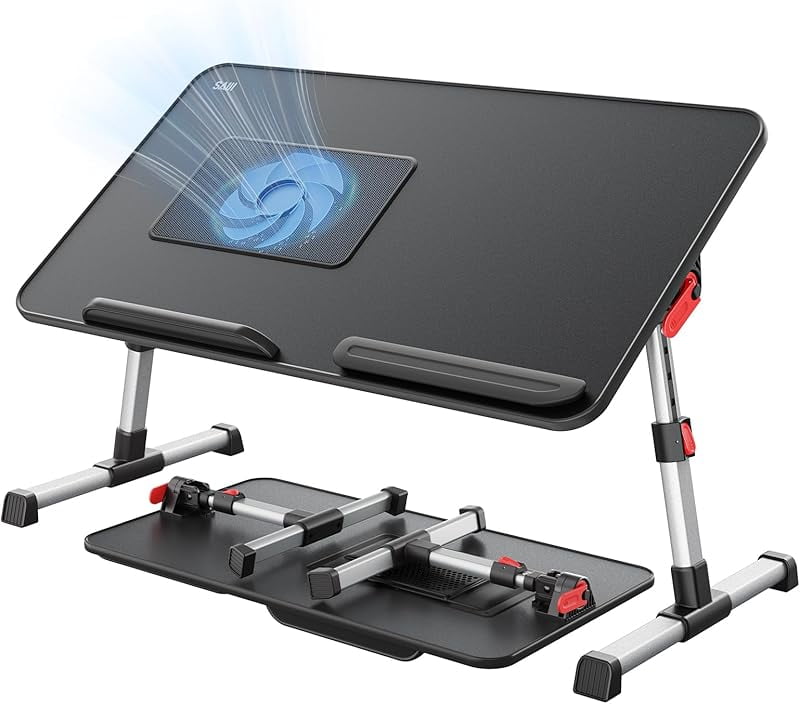 MY Laptop Desk for Bed with Cooling Fan, SAIJI Height & Angle Adjustable Laptop Stand for Bed, Lap Desk Tray Table, Lightweight Foldable Portable Computer Table for Couch Sofa Chair Floor Desk (Black